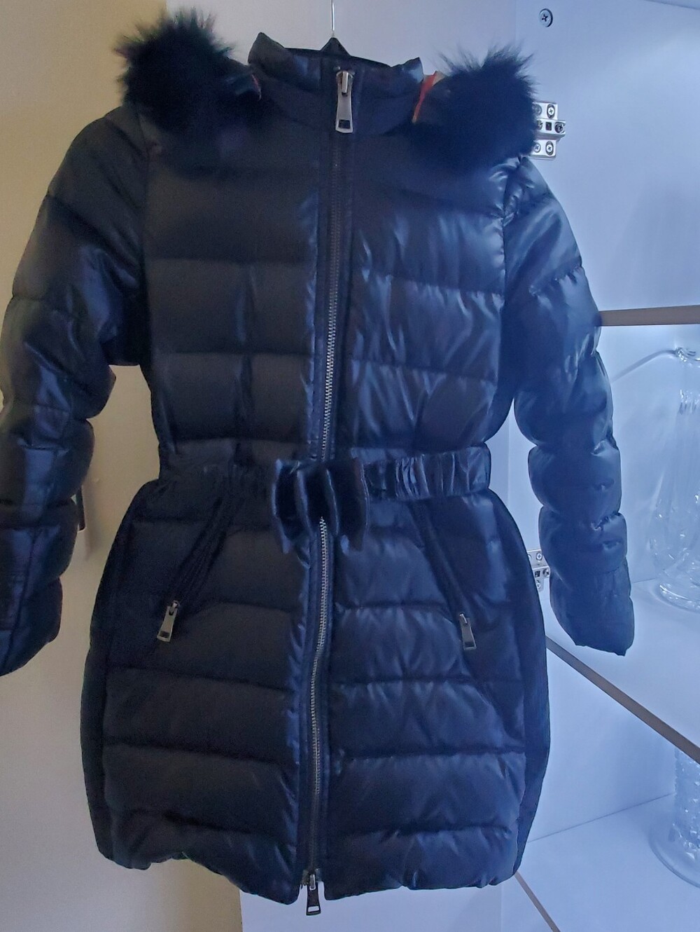 Girls' Black Puffer Coat with Fur-Trim Hood